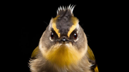 the goldcrest, europe's smallest bird species, perches proudly in this stunning passport-sized photo, showcasing its vibrant yellow and green plumage, distinctive black stripe, and tiny beak, captured in exquisite detail with a 50mm lens, highlighting its intricate feathers and lively expression. ai generatedの素材