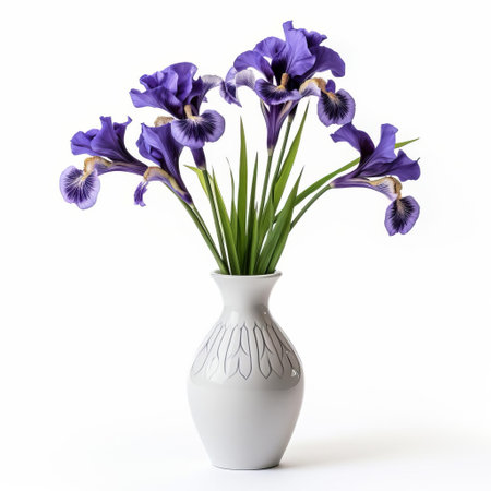 the iris flower, with its delicate petals and vibrant purple hue, stands elegantly in a tapered vase, isolated on a pristine white background, showcasing its beauty and simplicity, perfect for floral arrangements, home decor, and still life photography. ai generatedの素材