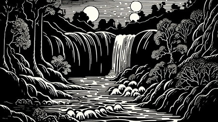 the waterfall, surrounded by lush greenery, cascades down a rocky cliff in this stunning woodcut artwork, showcasing the serene beauty of nature, evoking feelings of tranquility and wonder, perfect for nature lovers and art enthusiasts alike, highlighting the intricate details of the wooden design. ai generatedの素材