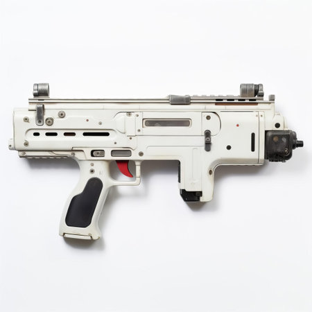 the fn f2000 rifle stands proudly against a crisp white background, showcasing its sleek and modern design, featuring a compact bullpup layout, ambidextrous charging handle, and picatinny rail for accessories, making it a popular choice among military and law enforcement personnel. ai generatedの素材