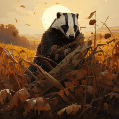 a badger, depicted in a whole and flat illustration, showcases its distinctive white stripes on its forehead, with a cute and curious expression, set against a clean and minimalist background, highlighting its unique features and adorable nature in a stylized and artistic representation. ai generatedの素材