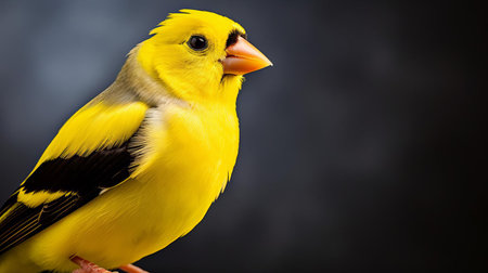 the american goldfinch, a vibrant songbird with bright yellow feathers and a distinctive black cap, perches on a branch in this stunning passport-sized photo, captured with a 50mm lens, showcasing its intricate plumage and delicate features in remarkable detail. ai generatedの素材