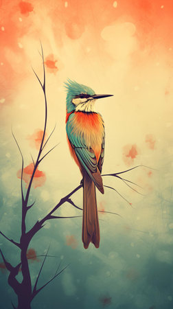 the bird perches confidently on a thin branch, its vibrant plumage standing out against a serene and simplest background, showcasing its natural beauty and intricate details, perfect for nature lovers and wildlife enthusiasts seeking a peaceful and calming visual experience. ai generatedの素材