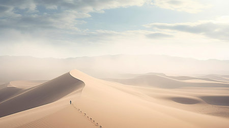 sand dunes stretch across the desert landscape in this breathtaking photograph, showcasing the natural beauty of arid environments, with rolling hills of golden sand, intricate patterns, and majestic shadows, capturing the essence of adventure and exploration in the vast wilderness. ai generatedの素材