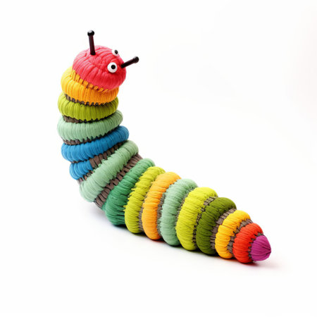 the knitted caterpillar, a vibrant and colorful handmade toy, sits isolated on a pristine white background, showcasing its intricate details and textured yarn, perfect for use in educational or creative projects, such as children's crafts, nursery decorations, or textile art. ai generatedの素材