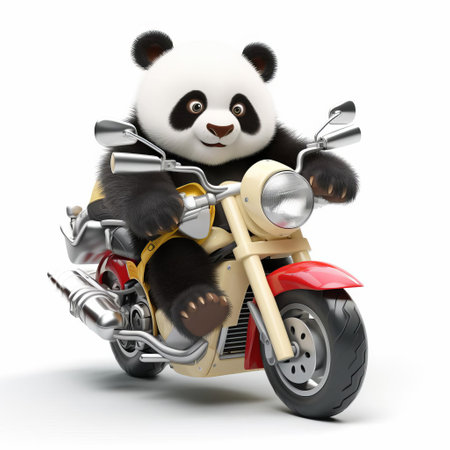 the panda, adorned in 3d graphics, sits confidently on a sleek motorcycle, its black and white fur contrasting beautifully against the pure white background, evoking a sense of fun and adventure, perfect for motorcycle enthusiasts and 3d art lovers alike. ai generatedの素材