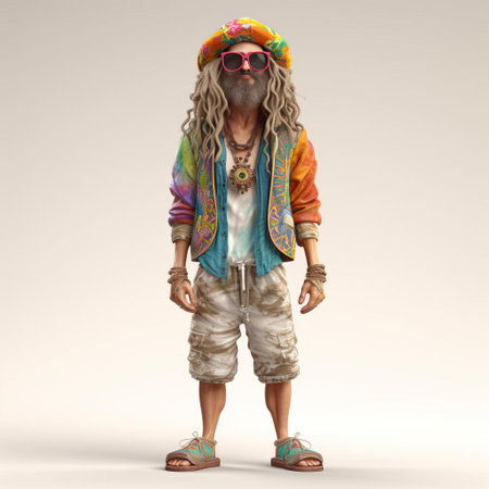 the 3d hippie, set against a pristine white background, exudes a psychedelic vibe with its colorful attire and flowing hair, evoking feelings of peace, love, and freedom, reminiscent of the 1960s counterculture movement and its iconic fashion statements. ai generatedの素材