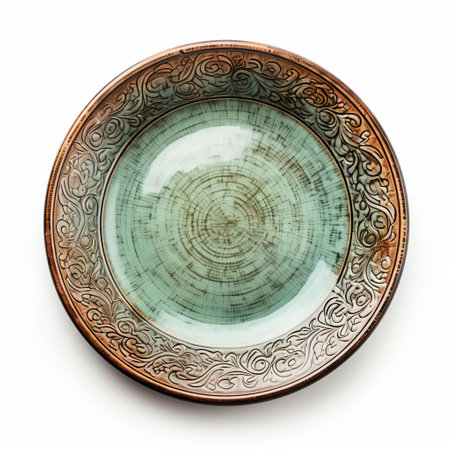 the plate, a staple in every kitchen, sits elegantly isolated on a pristine white background, showcasing its sleek design and delicate curves, perfect for serving a variety of dishes, from savory meals to sweet desserts, in a clean and minimalist setting. ai generatedの素材