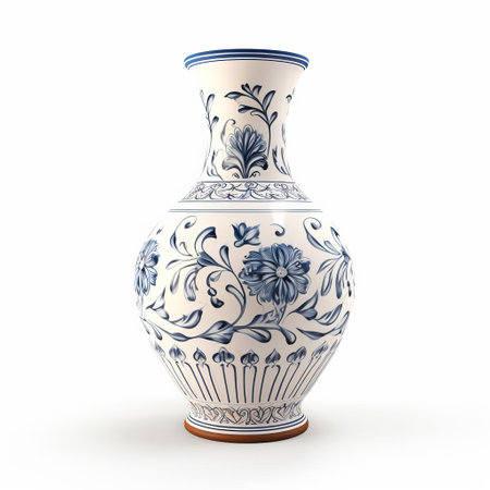 the vase, a delicate and elegant decorative piece, stands alone on a pristine white background, showcasing its intricate design and curves, perfect for adding a touch of sophistication to any home decor or interior design setting, ideal for still life photography and art enthusiasts. ai generatedの素材