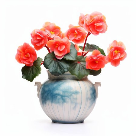the vase, filled with a lush begonia plant, sits elegantly isolated on a pristine white background, showcasing the delicate beauty of its flowers and leaves, perfect for home decor inspiration, botanical photography, and indoor plant arrangement ideas. ai generatedの素材