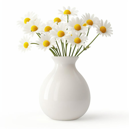 a delicate vase filled with fresh chamomile flowers sits serenely on a pristine white background, showcasing the subtle beauty of nature's calming elements, perfect for relaxation and meditation, evoking feelings of peace and tranquility in home decor and interior design. ai generatedの素材