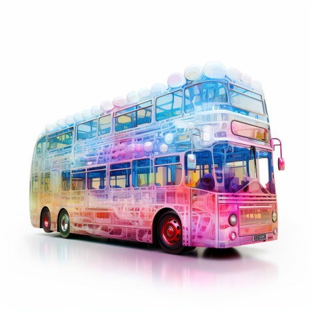 a bus, crafted through algorithmic art, stands isolated on a pristine white background, showcasing a mesmerizing blend of technology and creativity, perfect for transportation and tech enthusiasts, with its vibrant colors and intricate digital patterns. ai generatedの素材