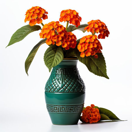 the vase, adorned with a beautiful lantana flower arrangement, sits elegantly isolated on a pristine white background, showcasing its delicate petals and vibrant colors, perfect for home decor inspiration, floral design, and still life photography enthusiasts. ai generatedの素材