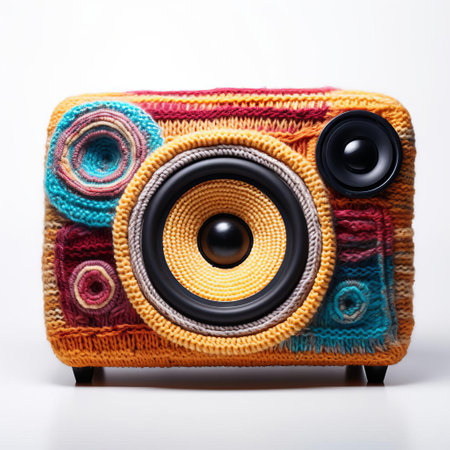 the knitted speaker, a creative and colorful handmade craft, sits isolated on a pristine white background, showcasing its intricate stitching and vibrant yarn, perfect for music lovers and craft enthusiasts looking for unique decorative items or diy inspiration. ai generatedの素材