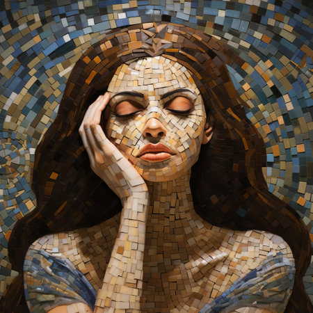 the mosaic artwork showcases a vibrant blend of colorful tiles, carefully arranged to form a stunning visual representation of abstract art, evoking a sense of beauty and creativity, perfect for interior design inspiration, home decor, and artistic expression. ai generatedの素材