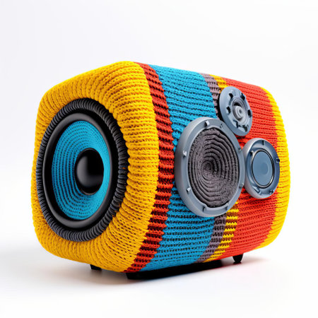 the knitted speaker, a unique and creative handmade craft, sits isolated on a pristine white background, showcasing its intricate stitching and colorful yarn details, perfect for music lovers and craft enthusiasts looking for a quirky decorative item or gift idea. ai generatedの素材
