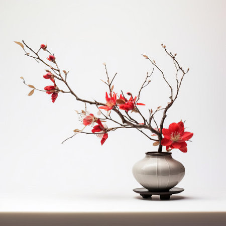 the elegant ikebana arrangement stands out against a pristine white background, showcasing the delicate beauty of japanese flower art, with carefully placed stems and petals creating a sense of harmony and balance, perfect for minimalist home decor inspiration and asian-style interior design. ai generatedの素材