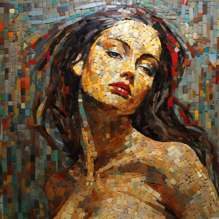 the mosaic artwork features a stunning combination of vibrant tiles, carefully arranged to create a beautiful abstract design, evoking a sense of ancient craftsmanship and cultural heritage, perfect for decorating walls, floors, or tabletops with a touch of elegance and sophistication. ai generatedの素材