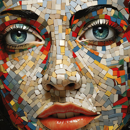 the mosaic artwork depicts a vibrant scene of a mediterranean coastal town, with intricate tiles forming a stunning visual representation of a sunny day, featuring blue waters, white buildings, and lush greenery, evoking feelings of serenity and tranquility, perfect for home decor or office spaces. ai generatedの素材