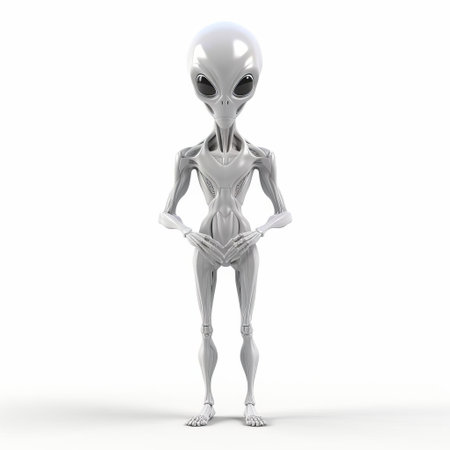 the extraterrestrial being stands alone on a pristine white background, its full body rendered in stunning 3d detail, showcasing its otherworldly features and vibrant colors, perfect for sci-fi enthusiasts and fans of intergalactic art, ideal for use in digital designs and futuristic visual projects. ai generatedの素材