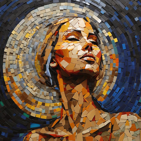 the mosaic artwork showcases a vibrant composition of small, intricately arranged tiles, blending earthy tones with pops of bright colors, evoking a sense of ancient craftsmanship and mediterranean flair, perfect for adding a touch of elegance to any room's decor or architectural design. ai generatedの素材