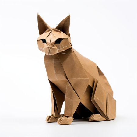 the origami bobcat, crafted with precision and patience, sits proudly against a crisp white background, showcasing its intricately folded paper details and adorable whiskers, perfect for fans of paper art, animal lovers, and those who appreciate the beauty of minimalist design. ai generatedの素材
