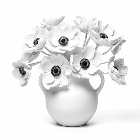 the delicate urn vase anemone, with its dainty petals and slender stems, is beautifully isolated on a pristine white background, showcasing its intricate details and vibrant colors, perfect for floral arrangements, home decor, and still life photography. ai generatedの素材