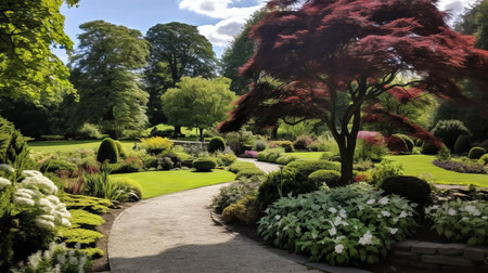 rolling hills of yorkshire serve as a picturesque backdrop for this stunning landscape gardening project, showcasing lush green lawns, vibrant flowerbeds, and meandering stone pathways that blend seamlessly with the natural beauty of the countryside, perfect for outdoor relaxation and entertainment. ai generatedの素材