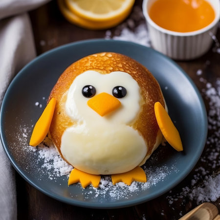 adorable penguin-shaped pastry, crafted with precision, features a delicate arrangement of golden-brown eggs, nestled within a bed of flaky, buttery dough, creating a whimsical and instagram-worthy breakfast or brunch treat that's sure to delight both kids and adults alike. ai generatedの素材