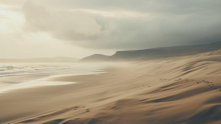 sand dunes in yorkshire's picturesque coastline stretch towards the horizon, sculpted by the north sea's gentle breeze, offering a serene escape from the hustle and bustle of city life, with rolling hills and scenic vistas perfect for hiking and nature walks. ai generatedの素材