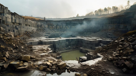 the quarry in yorkshire, a vast industrial landscape, showcases the region's rich geological heritage, with rugged stone walls and machinery standing testament to the area's long history of mining and excavation, set against a backdrop of rolling hills and picturesque countryside. ai generatedの素材