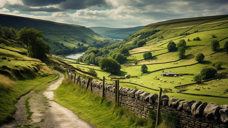 the rolling hills of yorkshire unfold in this breathtaking scenic view, showcasing the county's picturesque countryside with lush green pastures, rustic stone walls, and meandering streams, perfect for hiking and exploring the great outdoors in northern england's natural beauty. ai generatedの素材