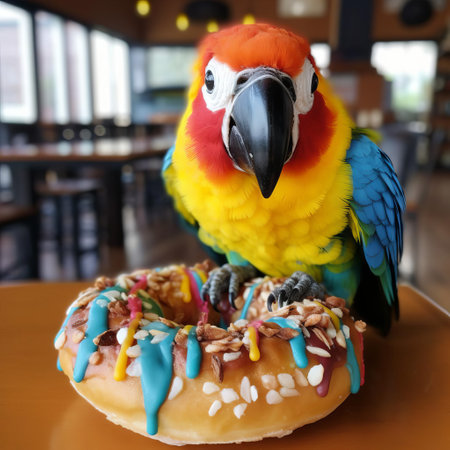 this vibrant parrot-shaped donut pastry is a colorful and creative dessert, featuring a sweet and fluffy treat adorned with bright green and blue frosting, perfect for a fun and playful breakfast or snack, ideal for bird lovers and pastry enthusiasts alike. ai generatedの素材