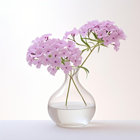 the vase, adorned with a beautiful bouquet of delicate phlox flowers, stands elegantly against a pristine white background, showcasing its slender neck and subtle curves, perfect for adding a touch of simplicity and elegance to any home decor or floral arrangement. ai generatedの素材