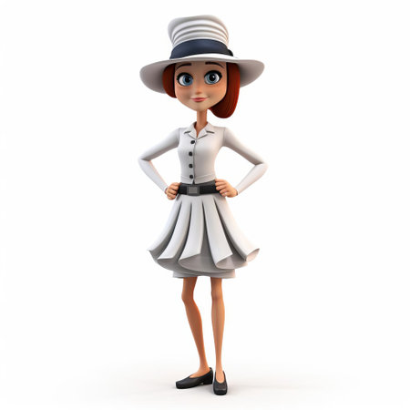 a cheerful 3d cartoon female character stands confidently against a crisp white background, donning a stylish hat that adds a touch of sophistication to her playful demeanor, perfect for illustrations, animations, and digital designs requiring a lively and youthful vibe. ai generatedの素材