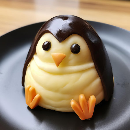 adorable penguin-shaped eggs pastry sits on a white background, showcasing its intricately designed flippers and beak, made from layers of flaky dough and topped with a golden glaze, perfect for a whimsical breakfast or brunch, evoking feelings of delight and playfulness in the kitchen. ai generatedの素材