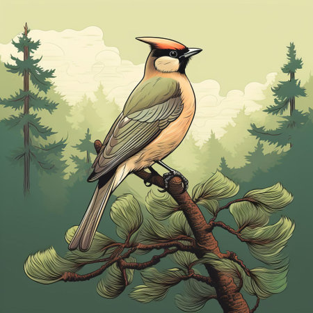 the cedar waxwing, a sleek and agile bird, stands poised on a lush bed of moss, its slender legs and delicate feet a testament to its arboreal habitat, as its distinctive crest and subtle coloration blend seamlessly into the serene forest surroundings. ai generatedの素材