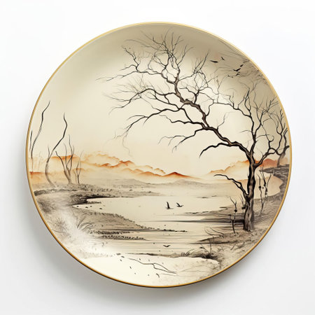 the ceramic plate, adorned with a subtle def456 pattern, sits elegantly on a pristine white background, showcasing its sleek design and vibrant colors, perfect for adding a touch of sophistication to any table setting or culinary presentation, ideal for food photography and styling. ai generatedの素材