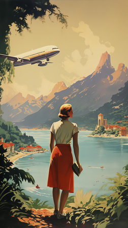 vintage travel poster showcasing a stunning retro-style illustration of a scenic landscape, evoking a sense of adventure and nostalgia, perfect for decorating a travel-themed room or office, featuring iconic landmarks, vibrant colors, and distressed textures that transport you back in time to the golden age of travel. ai generatedの素材