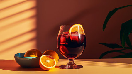a refreshing pitcher of sangria sits elegantly on a minimalist table setting, surrounded by lush greenery and vibrant summer fruits, capturing the essence of a warm outdoor gathering, perfect for a casual dinner party or backyard barbecue on a sunny afternoon. ai generatedの素材