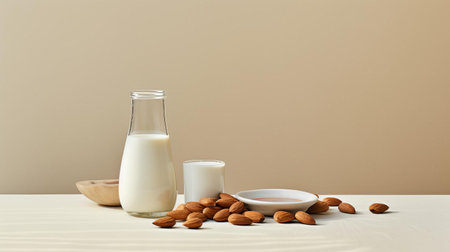 a glass of almond milk sits elegantly on a minimalist table, capturing a serene atmosphere, with the subtle play of light and varied angle of the shot adding depth and visual interest to this still life photography. ai generatedの素材