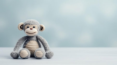 the adorable silver knitted chimp toy sits proudly against a sleek silver background, showcasing its intricate stitching and endearing facial expression, making it a perfect addition to any nursery or child's playroom, ideal for kids who love cuddly primates and soft toys. ai generatedの素材