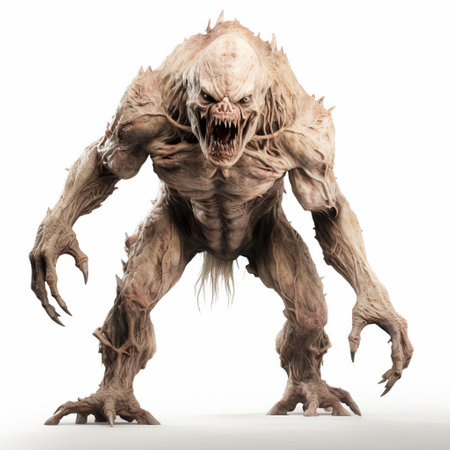 the creature, a terrifying real monster, stands proudly on a clean white background, showcasing its full body in all its fearsome glory, with razor-sharp claws and teeth, and scaly skin that seems to shimmer in the light, evoking a sense of primal fear and awe in all who dare to gaze upon it. ai generatedの素材