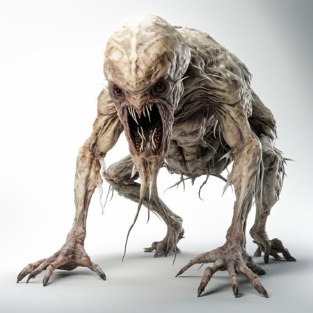 the creature, a real monster, stands out against a pristine white background, showcasing its full body in a striking pose, its eerie features and menacing gaze captivating the viewer, evoking a sense of fear and fascination with mythical beasts and legendary monsters. ai generatedの素材