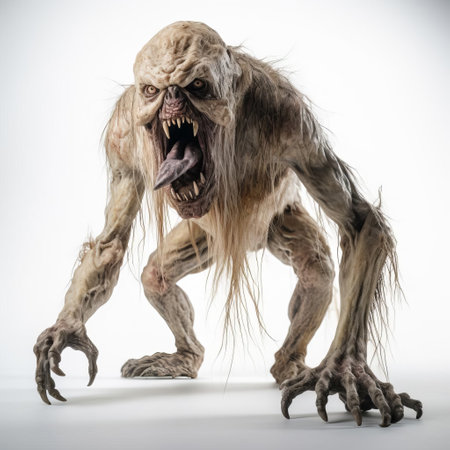 the terrifying creature stands ominously on a stark white background, its full body visible in all its frightening glory, showcasing razor-sharp claws, glowing eyes, and a menacing roar, evoking fear and dread in all who dare to gaze upon it, perfect for horror fans and enthusiasts of the supernatural. ai generatedの素材