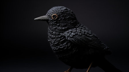 the bird toy, intricately knitted in black yarn, perches against a sleek black background, showcasing its delicate features and textured plumage, perfect for pet birds to cuddle and play with, providing entertainment and comfort in a cozy and modern setting. ai generatedの素材