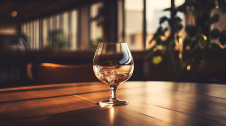 a delicate glass, devoid of any liquid, sits serenely on a wooden table, surrounded by subtle shadows, evoking a sense of simplicity and quiet contemplation, perfect for a moment of mindfulness, and ideal for a minimalist home decor or a still life photography composition. ai generatedの素材