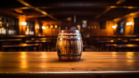 the cask, adorned with rusty metal hoops and weathered wooden slats, sits solitary on a worn wooden table, evoking a sense of nostalgia and abandonment, its empty interior a testament to the passage of time and the fleeting nature of life's pleasures, perfect for rustic home decor inspiration. ai generatedの素材
