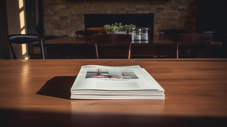 the magazine, devoid of pages, rests serenely on the wooden table, its empty spine a testament to the stories left untold, surrounded by subtle shadows and gentle lighting, evoking a sense of nostalgia and forgotten tales, awaiting the touch of a reader's hand to bring it back to life. ai generatedの素材