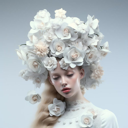 "elegant woman poses in a serene white background, exuding sophistication and refinement, showcasing the essence of aestheticism through her poised stance and delicate features, evoking a sense of calmness and simplicity in this minimalist photography setup, perfect for beauty and lifestyle editorials.", ai generatedの素材